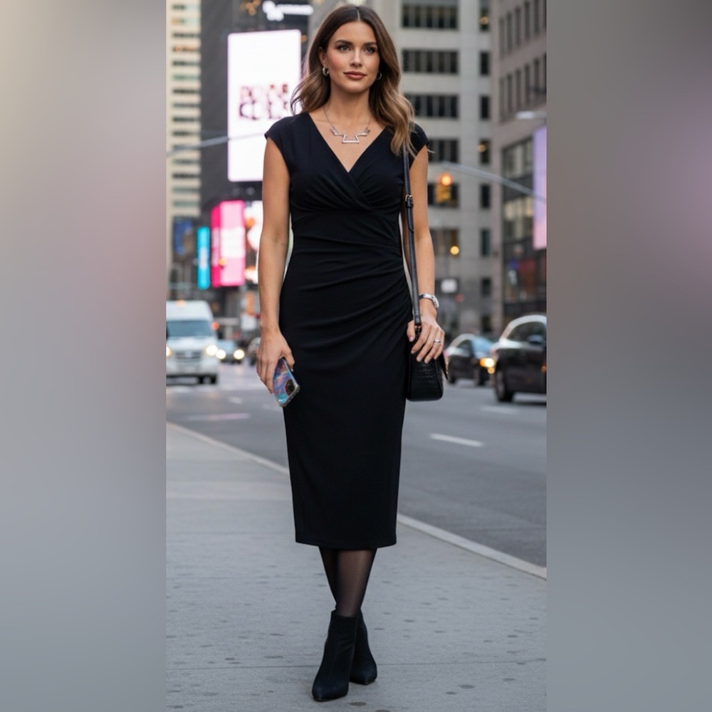 Lauren Ralph Lauren Black Ruched V-Neck Sheath Dress Size 8